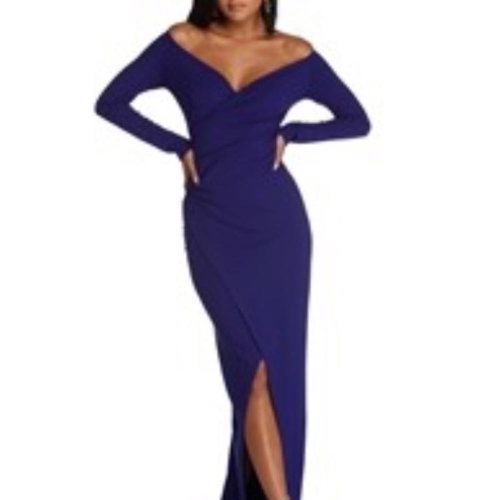 Long sleeve, blue off the shoulder long dress